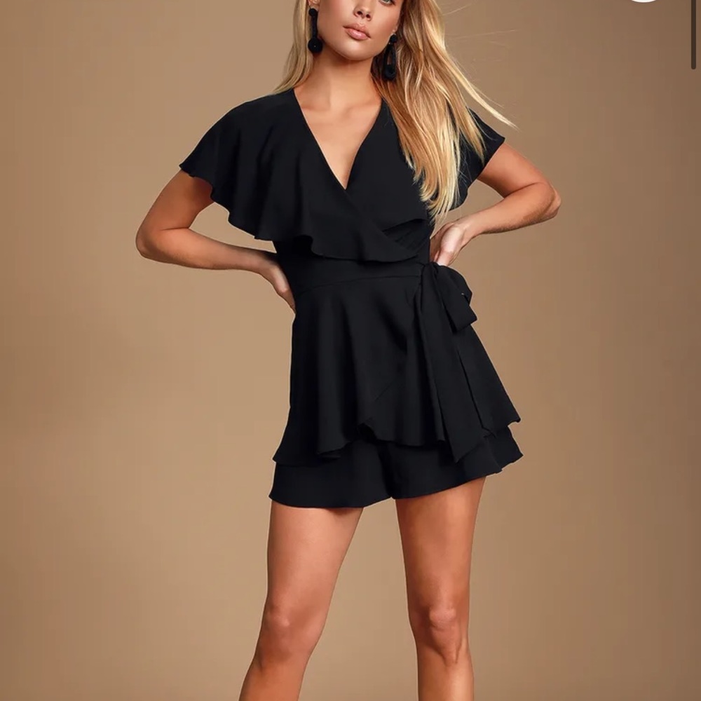 Lulus Aldrin black ruffled backless wrap skort romper